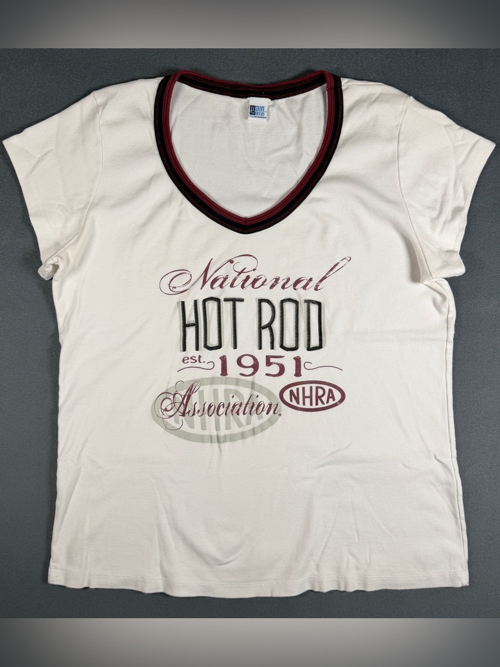 NHRA National Hot Rod Graphic V-Neck Tee - White with Maroon Trim